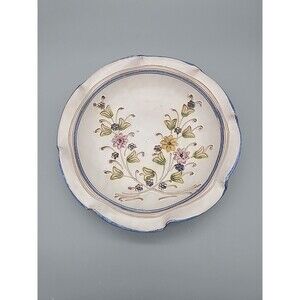 Vintage Hand Carved & Painted Floral Pottery Bowl Austria Wave Edge Unique